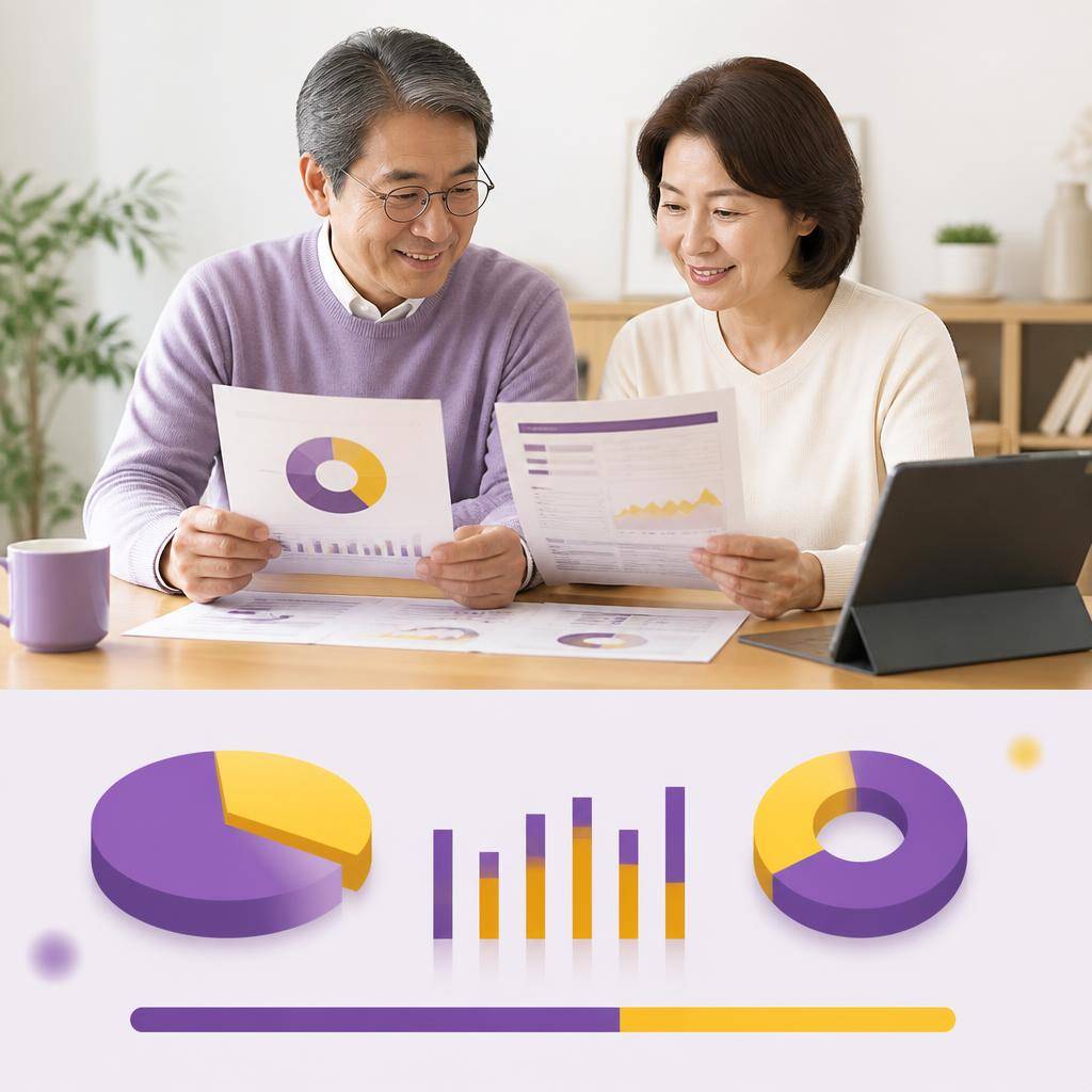 은퇴를 앞둔 부부가 퇴직연금 자산배분표와 ETF 상품설명서를 함께 검토하는 모습, 주식과