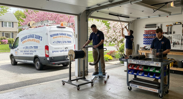 Dedham garage door spring technician at work on Eastern Ave