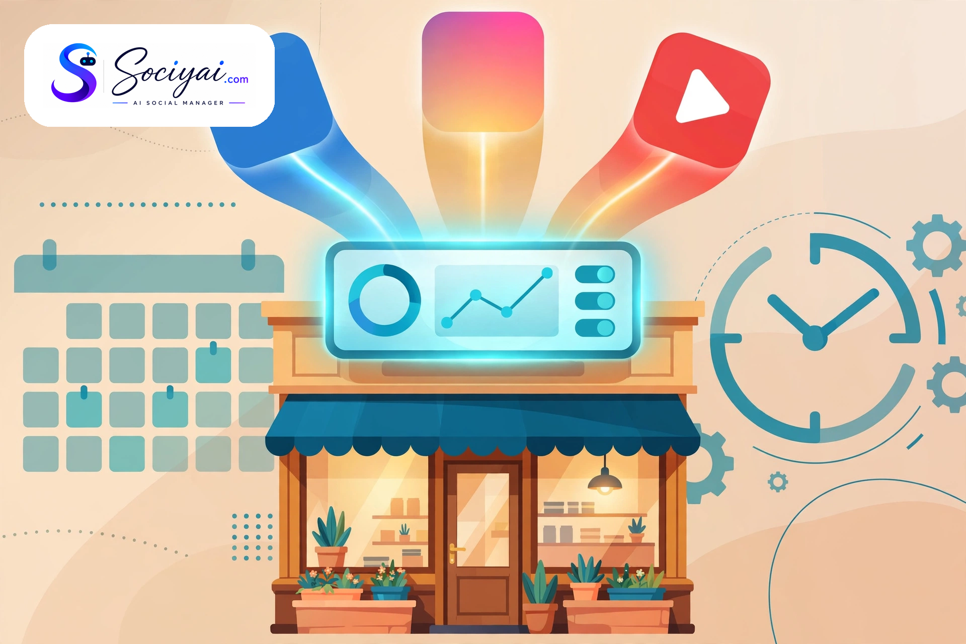 Illustration of a small storefront with a single glowing dashboard above it sending content to Facebook, Instagram, and YouTube icons, with calendar and clock motifs symbolizing automated multi-platform social media scheduling