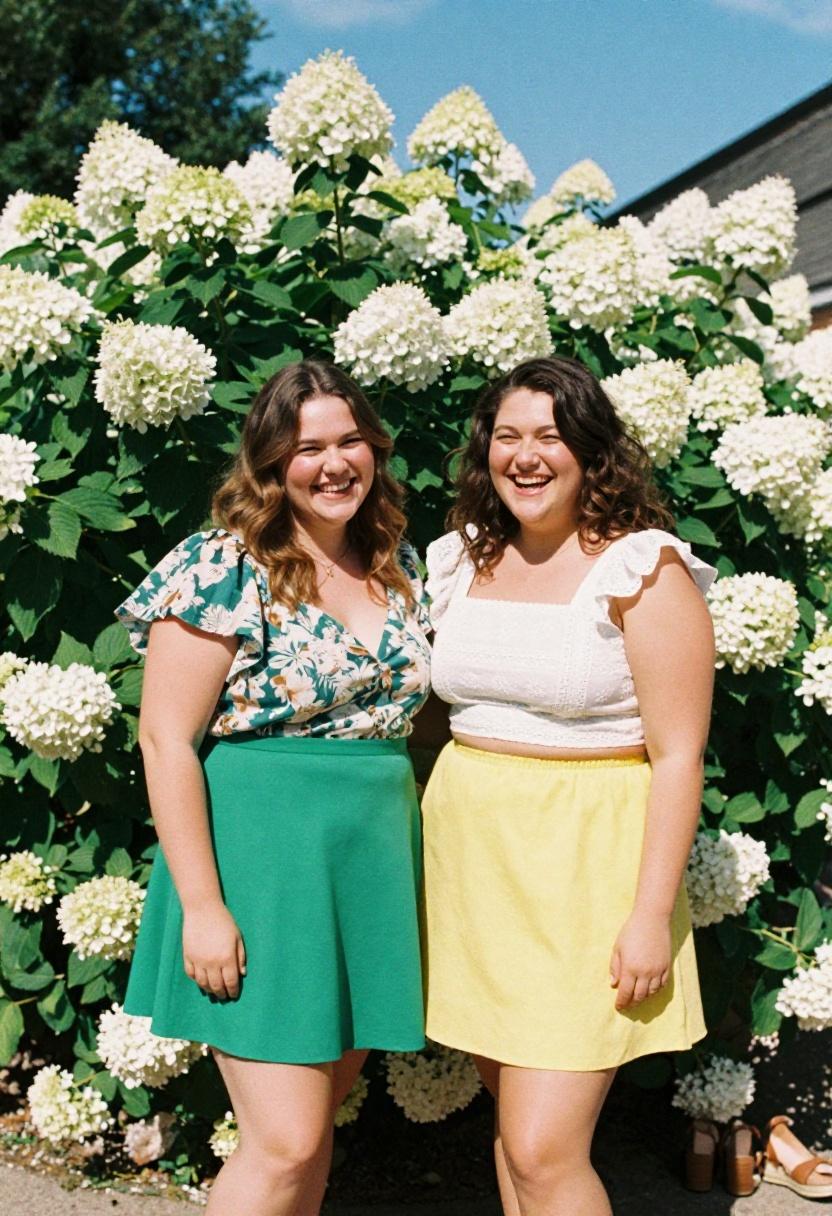 Two plus size friends in bold green and yellow mini skirts sharing a joyful spring moment among blooming hydrangeas