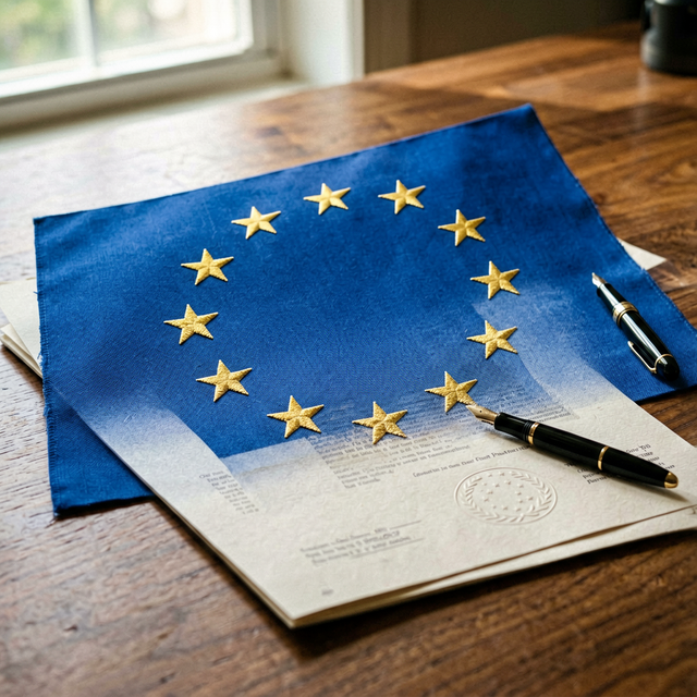 Close-up of European Union flag with gold stars on blue background, official regulatory document with embossed EU seal, fountain pen resting