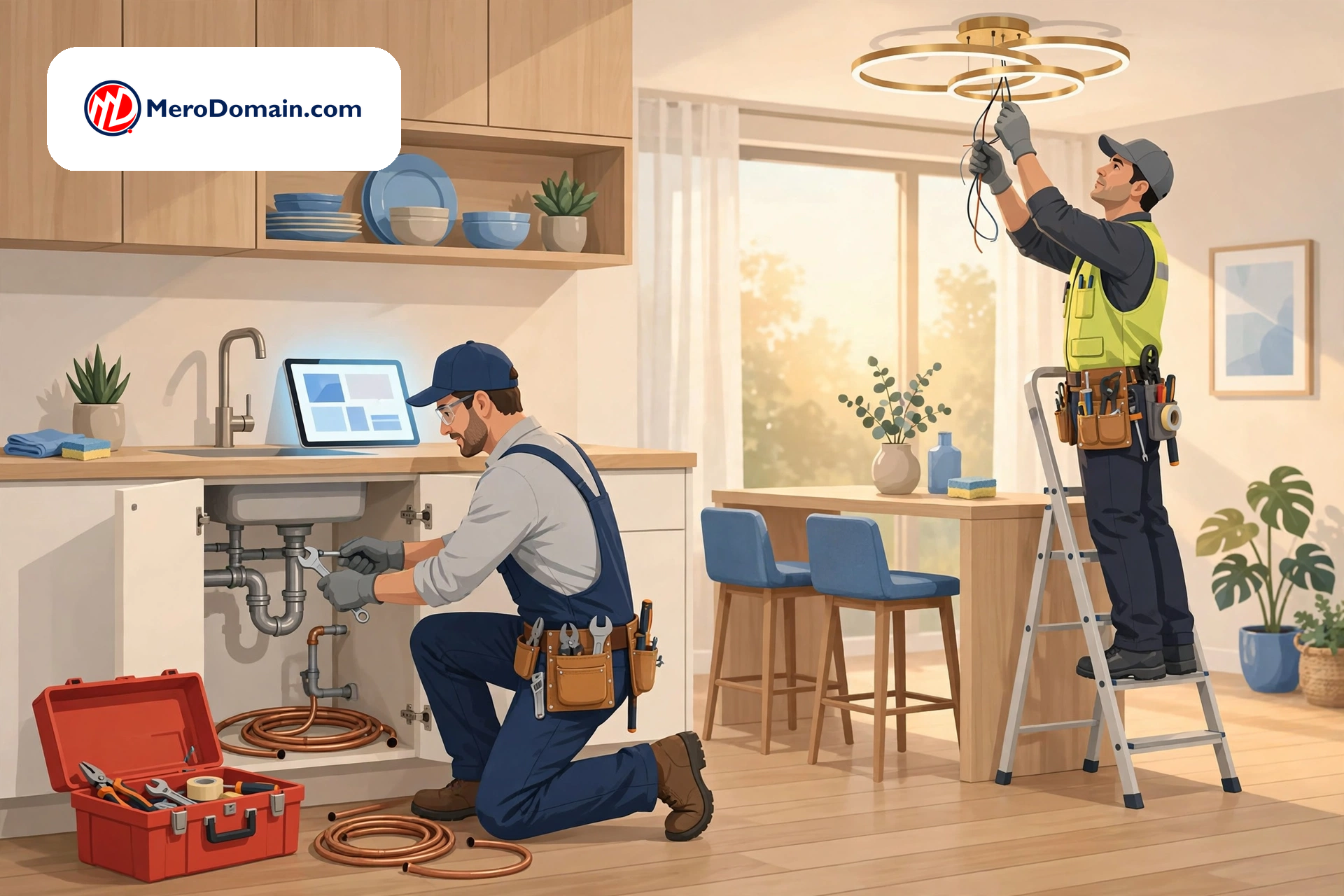 Warm illustration of a plumber fixing a kitchen sink pipe while an electrician installs a ceiling light in a bright modern home