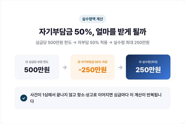 자기부담금 50% 적용 시 심급당 변호사비 실수령액 250만원 계산 흐름도