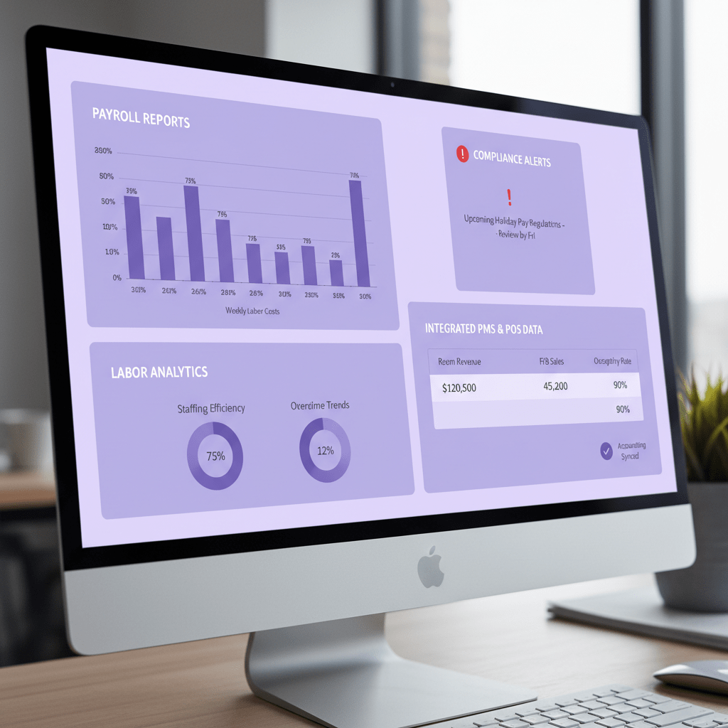 Hotel operations dashboard showing payroll analytics and compliance alerts