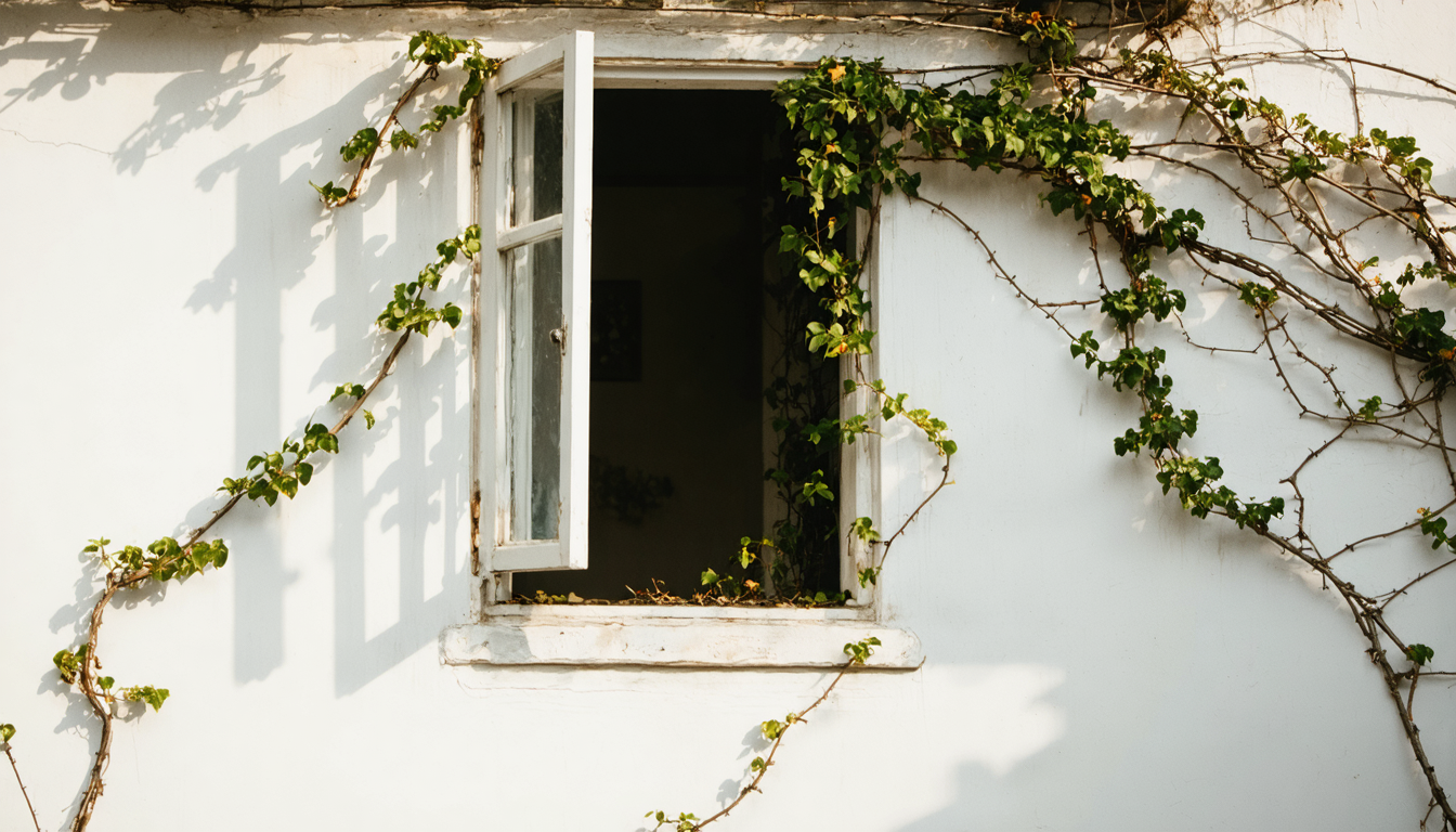 A single open window in a whitewashed Mediterranean wall, jasmine vine curling through the opening, late afternoon light