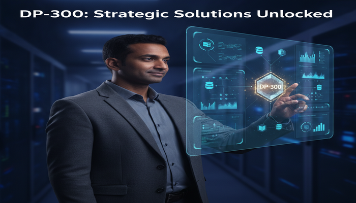 DP-300: Strategic Solutions Unlocked A professional navigating a complex, glowing holographic projection of Azure SQL Solutions architecture, representing strategic mastery for the DP-300 exam, with the title 'DP-300: Strategic Solutions Unlocked' overlaid.
