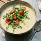 Corn Soup Revamped with Refreshing Tomato and Sugar Snap Pea Salad