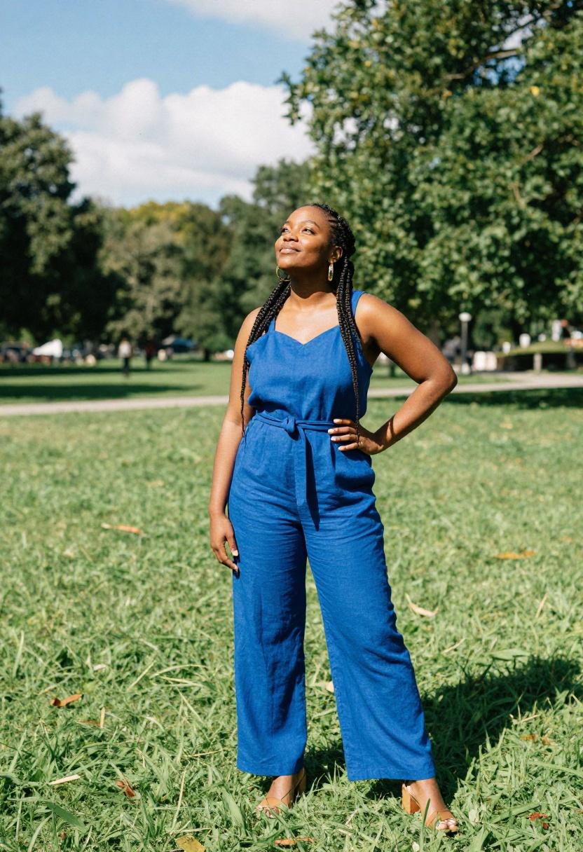 Woman in cobalt blue linen jumpsuit at breezy outdoor brunch