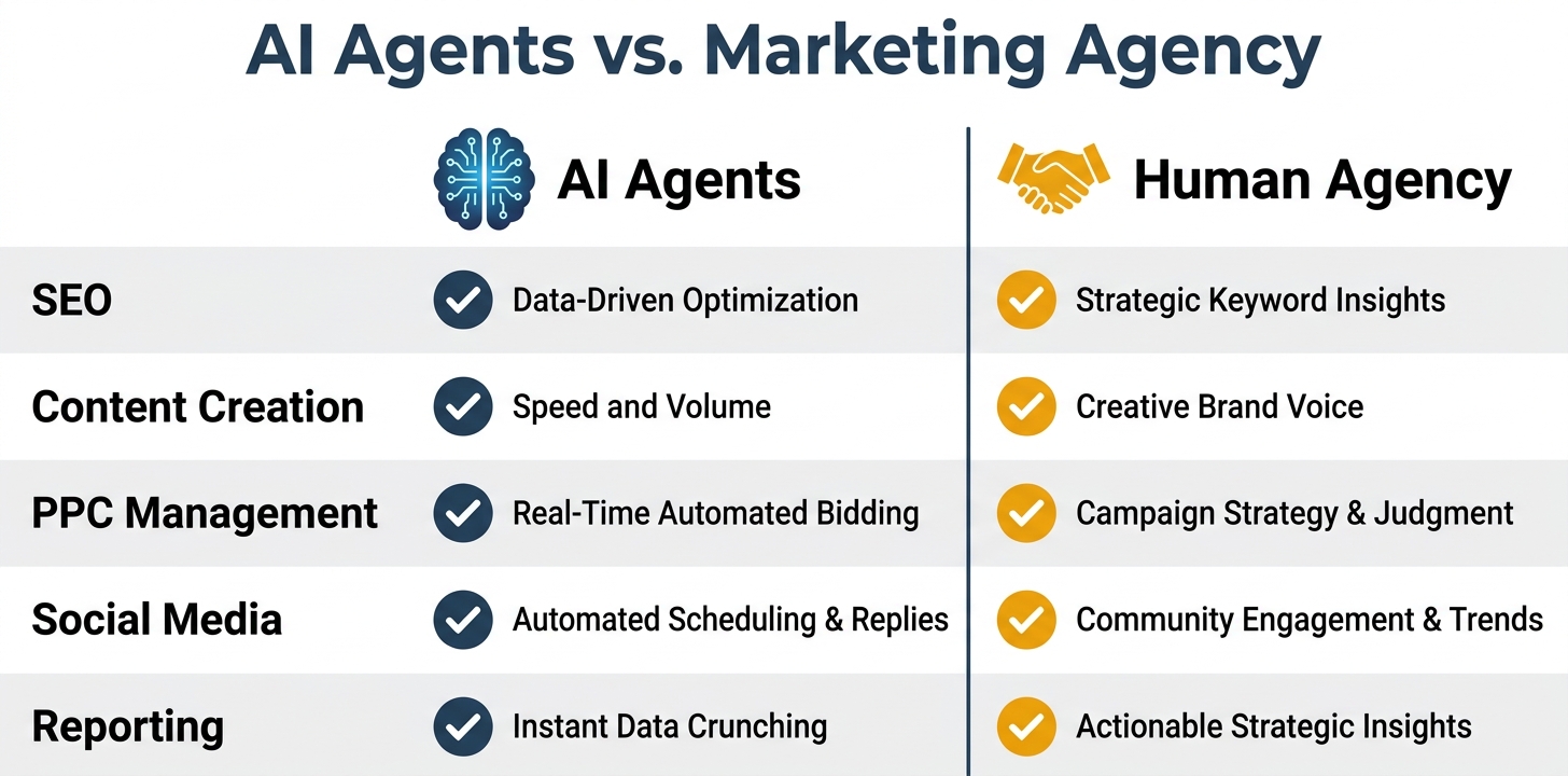 Side-by-side comparison chart of AI Agents vs. Marketing Agency across five core functions: SEO, Content Creation, PPC Management, Social Media, and Reporting