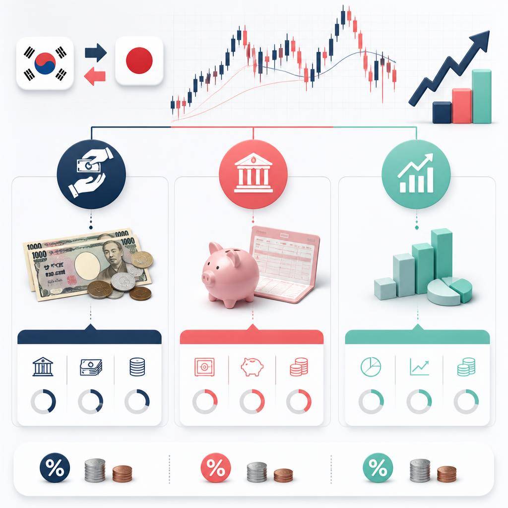 환전, 외화예금, 엔화 ETF를 세 갈래로 비교하는 깔끔한 인포그래픽, 원엔 환율 차트와 
