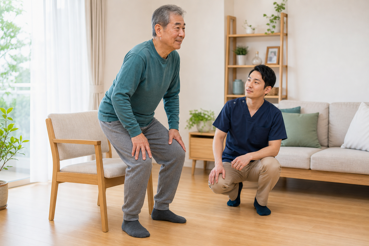 高齢者が専門職の見守りのもとで椅子からの立ち上がり運動を行う様子