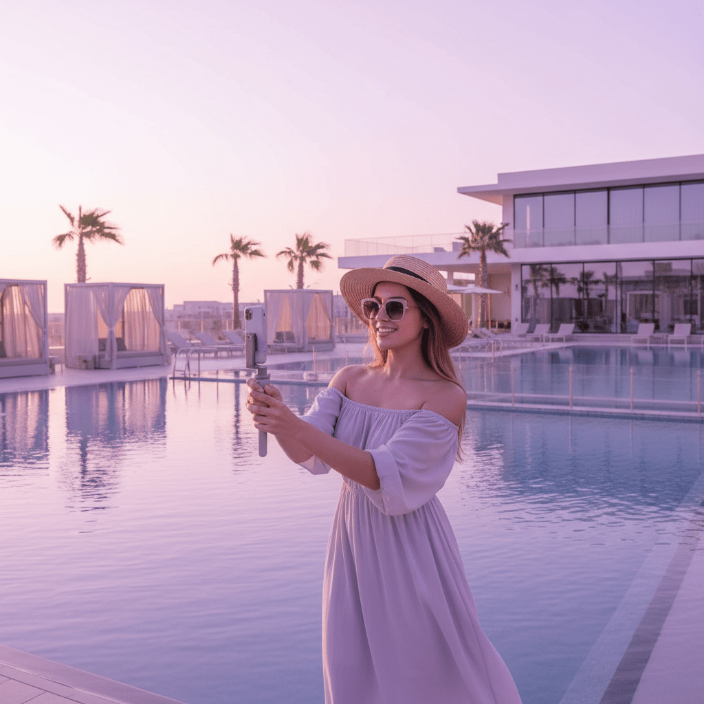 Guest creating a hotel reel by the pool at golden hour