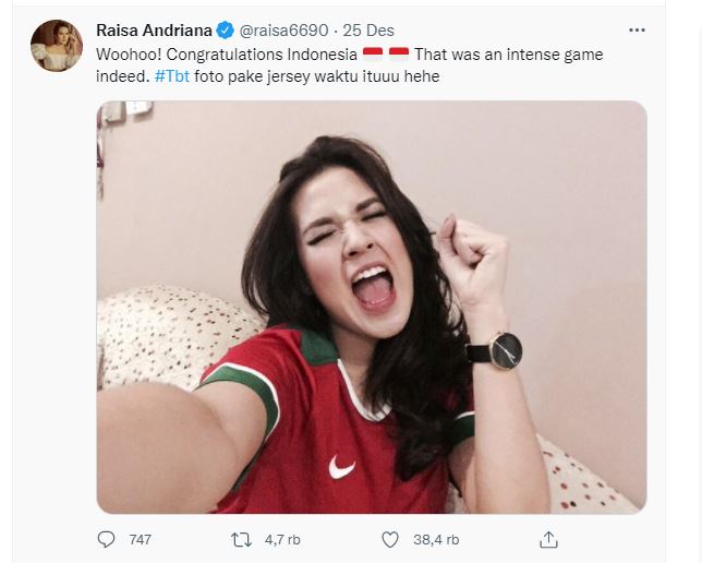 Cuitan Raisa saat merayakan keberhasilan Timnas Indonesia saat lolos ke final Piala AFF 2020.