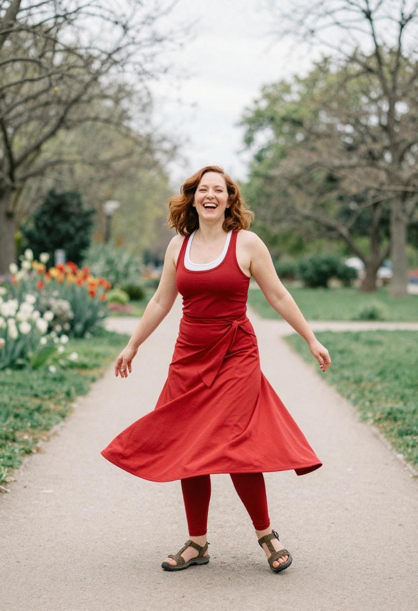 Woman wearing cherry red wrap skirt over trail leggings on a spring hike