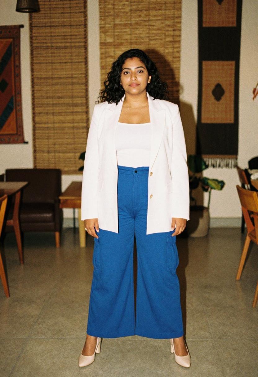 Cobalt blue wide-leg trousers with white blazer for plus-size office look