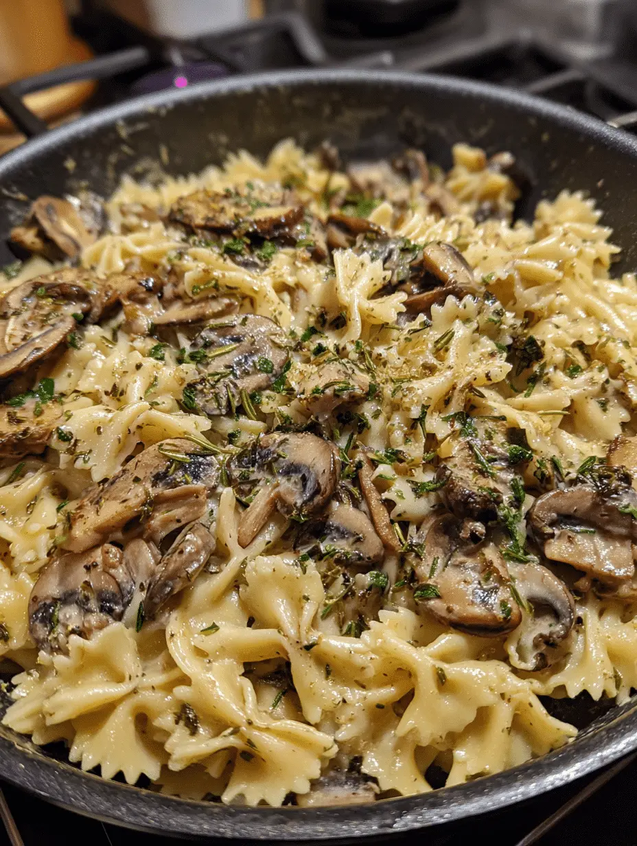 A warm bowl of creamy vegan mushroom stroganoff topped with fresh parsley, served with pasta.