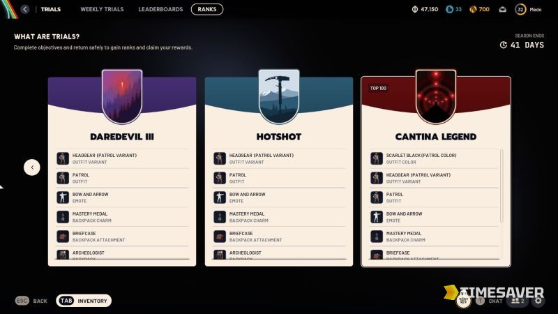 The ARC Raiders Trials menu showing the five weekly challenges and point progress toward the 1,000 / 2,000 / 3,000 reward tiers