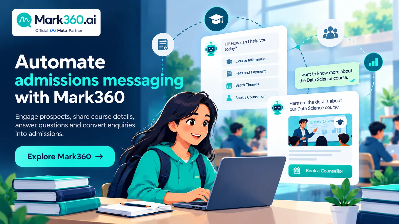 Mark360 Meta Partner CTA for education WhatsApp admissions automation