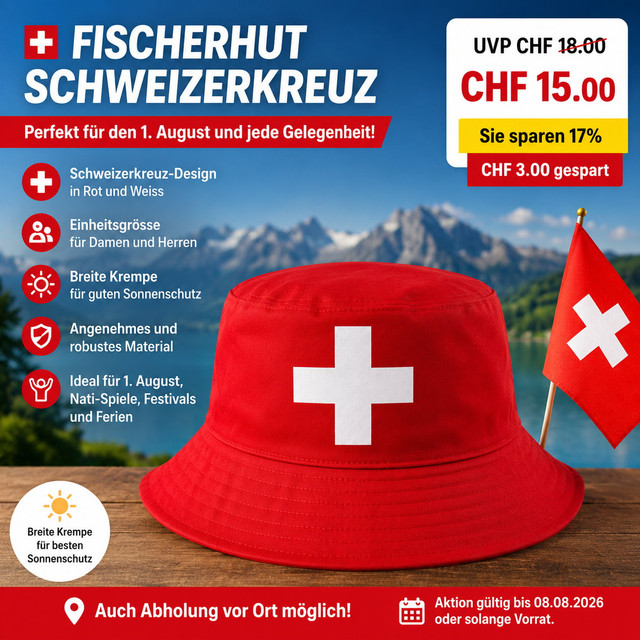 🇨🇭 Fischerhut mit Schweizerkreuz für nur CHF 15.– statt CHF 18.– (17%)