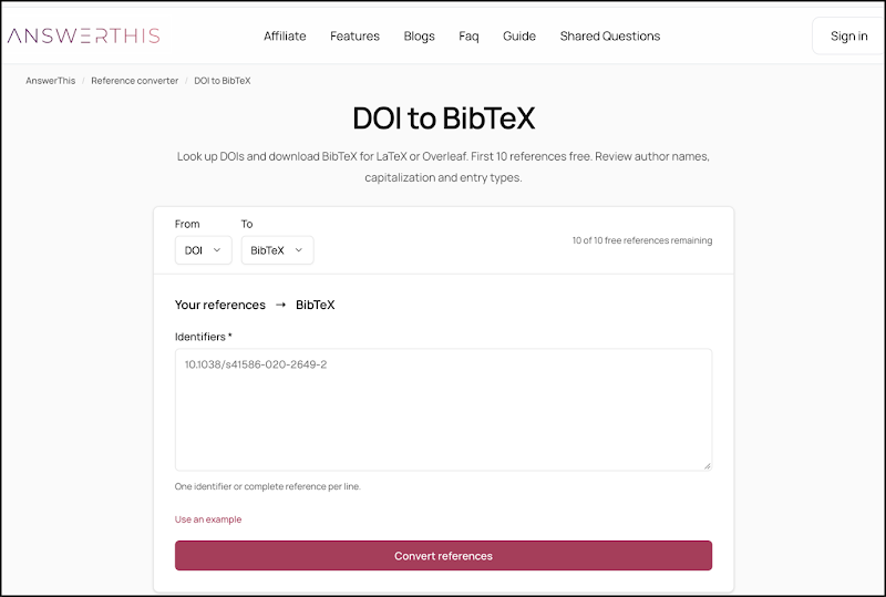 Website screenshot showing AnswerThis “DOI to BibTeX” reference-conversion tool. Interface includes DOI/BibTeX format selectors, identifier text box, remaining-reference counter, example link, and “Convert references” button.