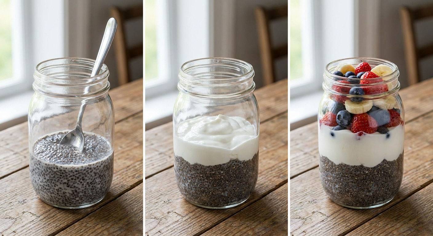 Przygotowanie puddingu chia z jogurtem.