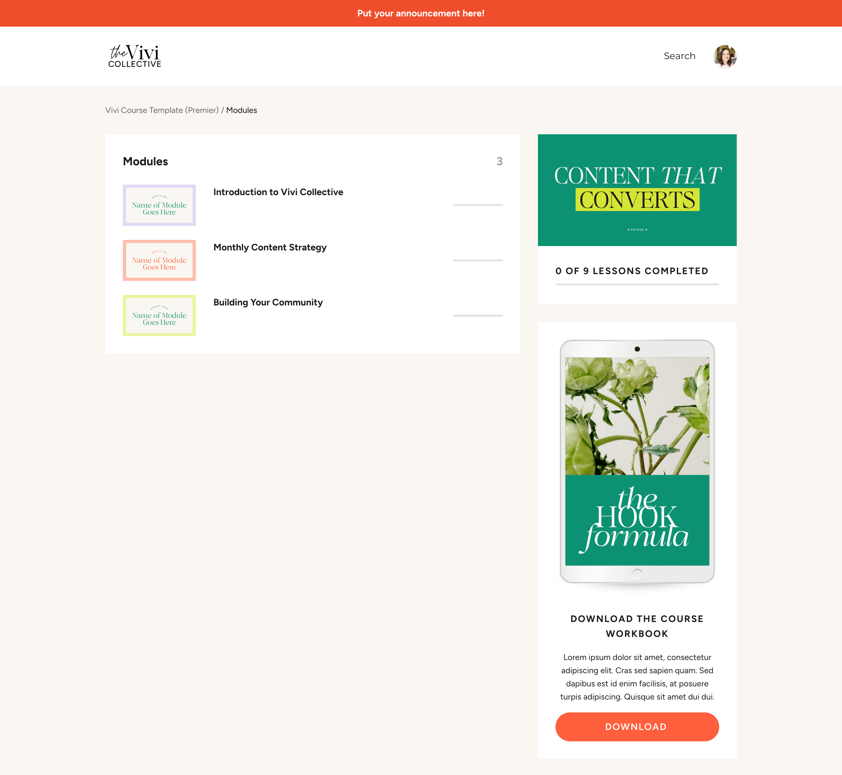 Vivi Course Template Modules Page Desktop