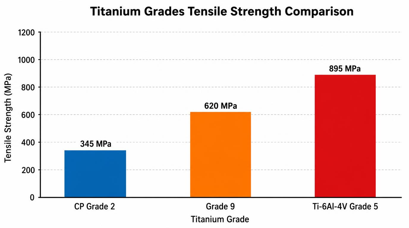 Tensile strength comparison chart for titanium grades - CP Grade 2 at 345 MPa, Grade 9 at 620 MPa, Ti-6Al-4V Grade 5 at 895 MPa bar chart