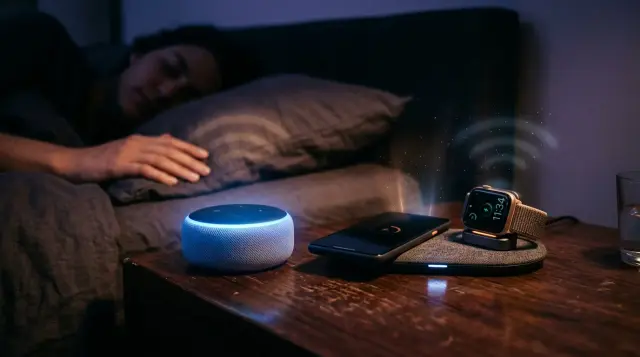 Glowing smart devices on a dark bedroom nightstand emitting subtle ambient light at night