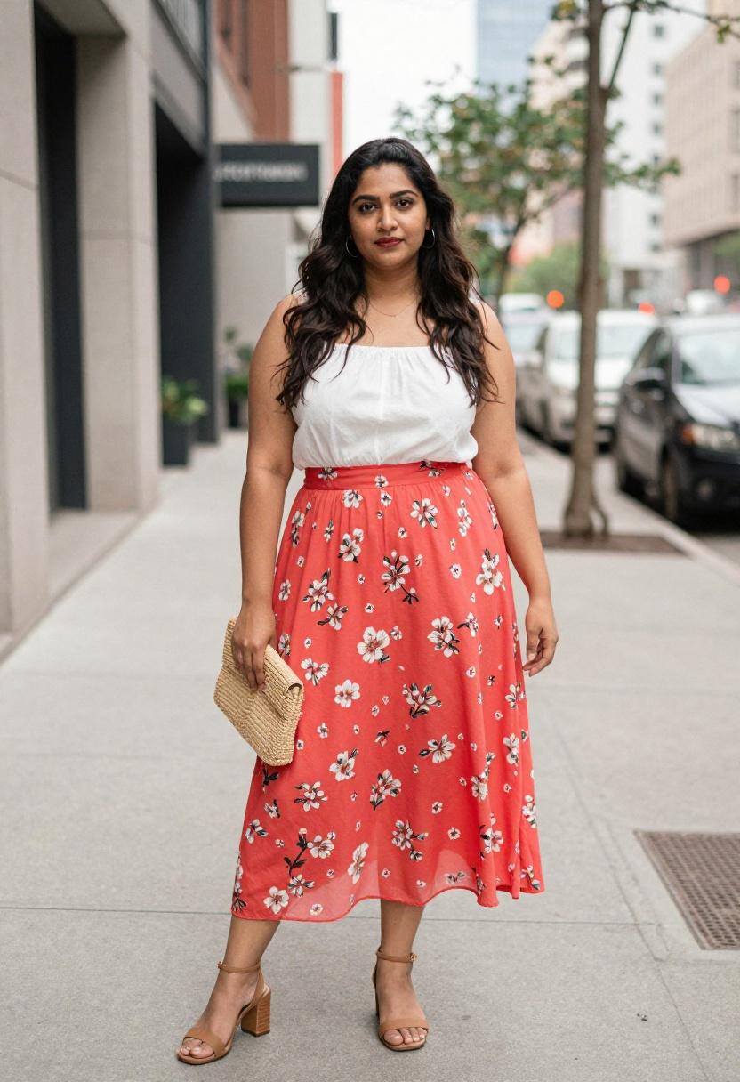 Vibrant coral midi skirt with white blouse for urban spring style