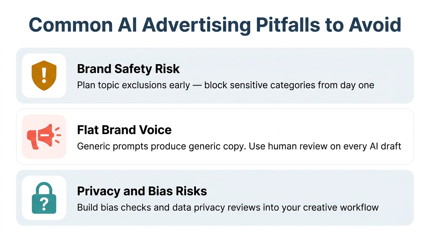 Three warning cards highlighting common AI advertising pitfalls: Brand Safety Risk, Flat Brand Voice, and Privacy and Bias Risks — The Zulu Method
