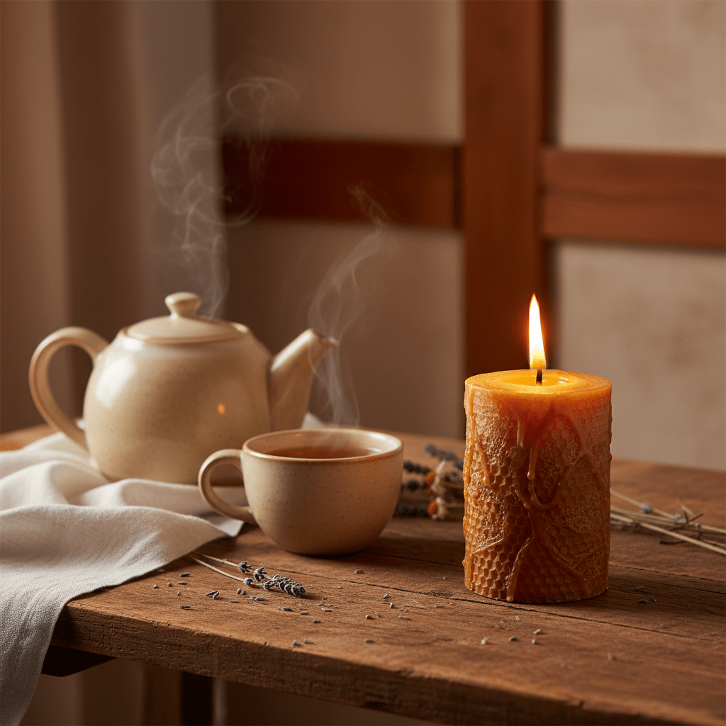 A cozy wellness scene with a beeswax candle glowing beside tea, linen, and soft ambient light on a wooden table