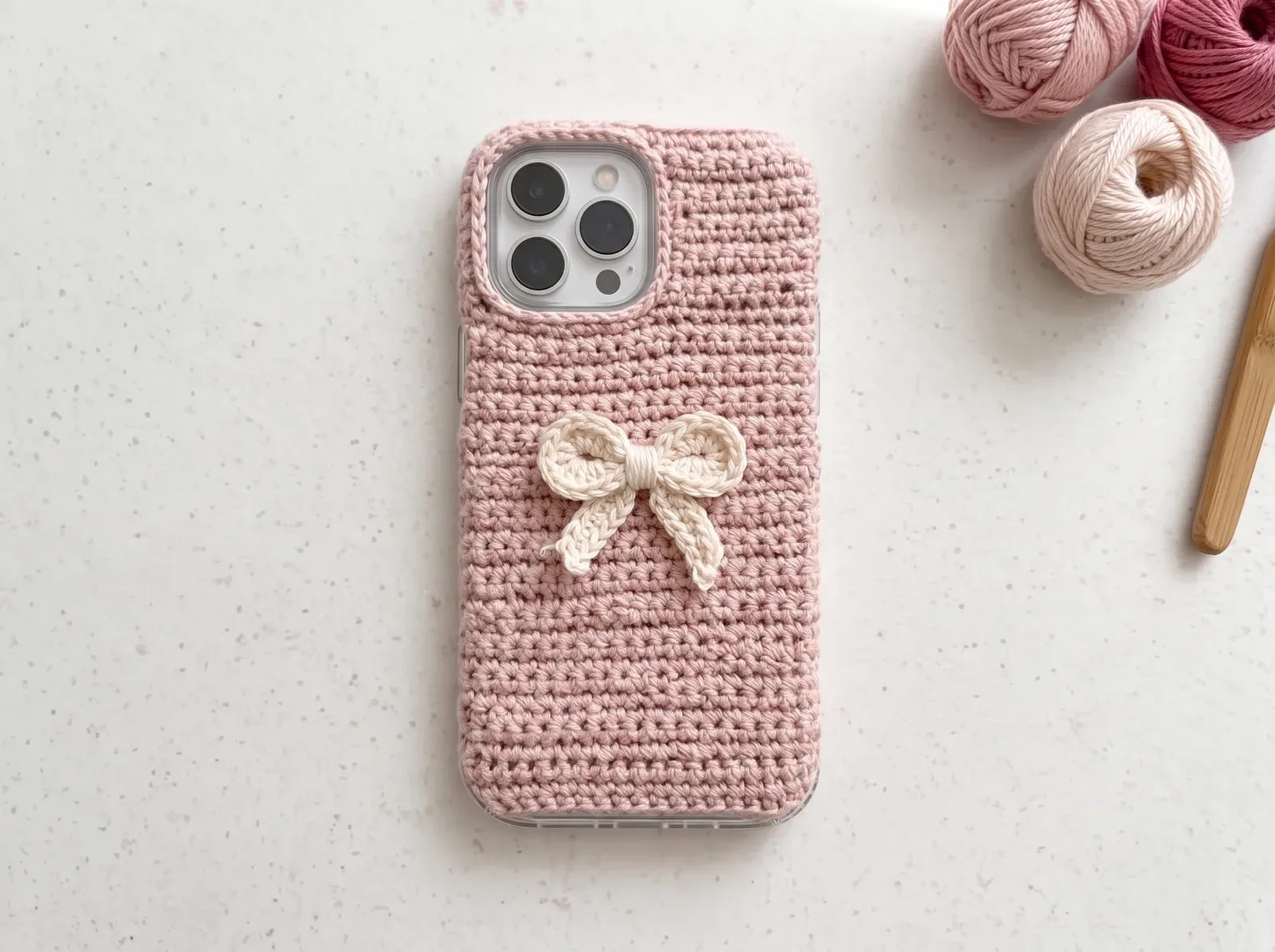 Coquette Bow Crochet Phone Case for iPhone finished crochet project