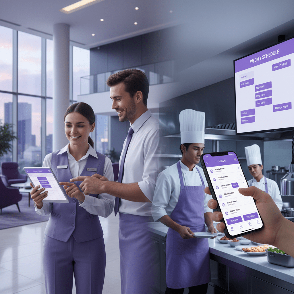 Hotel staff using mobile time clock and scheduling app