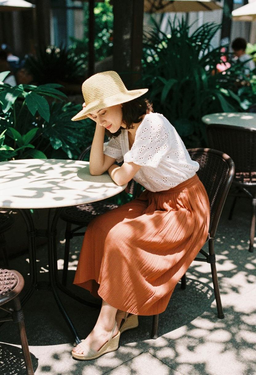 Terracotta pleated midi skirt with white eyelet blouse, spring outdoor wedding guest look