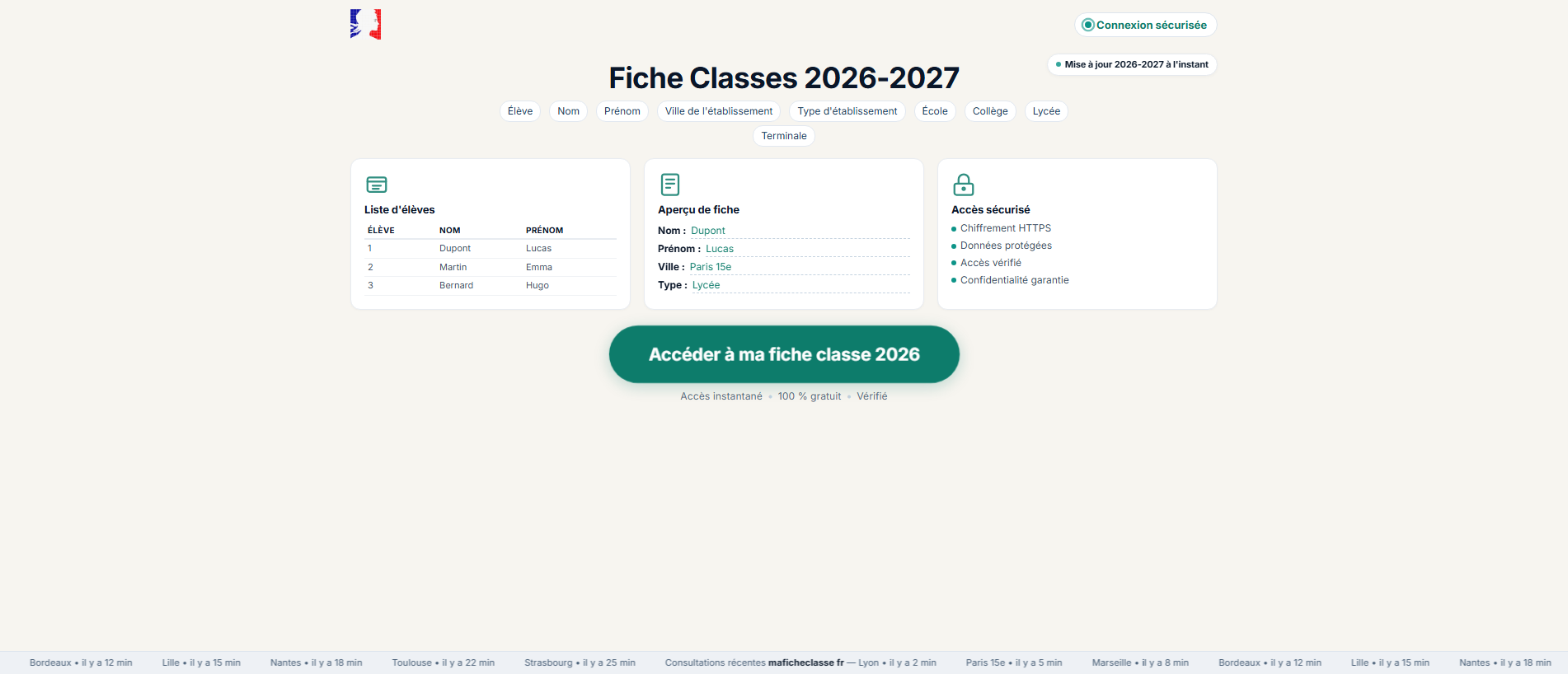 Forensic screenshot of maficheclasse.org showing the phishing page layout