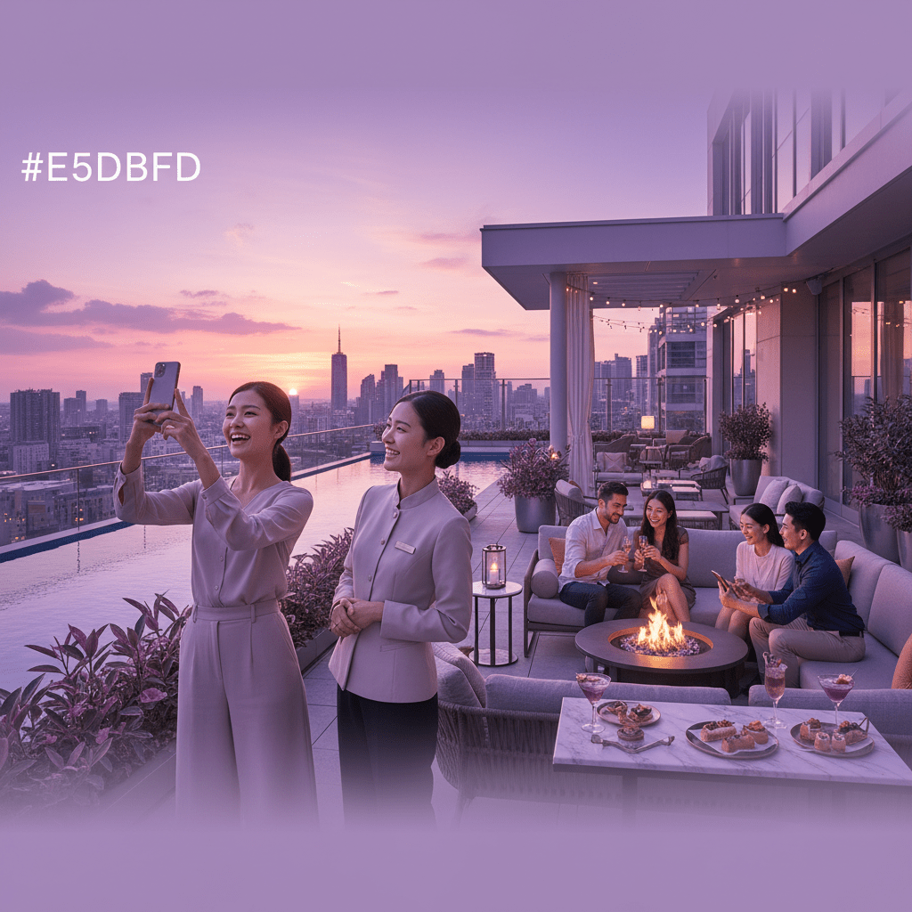 Hotel guest content and engagement with traveler photographing rooftop sunset and smiling staff