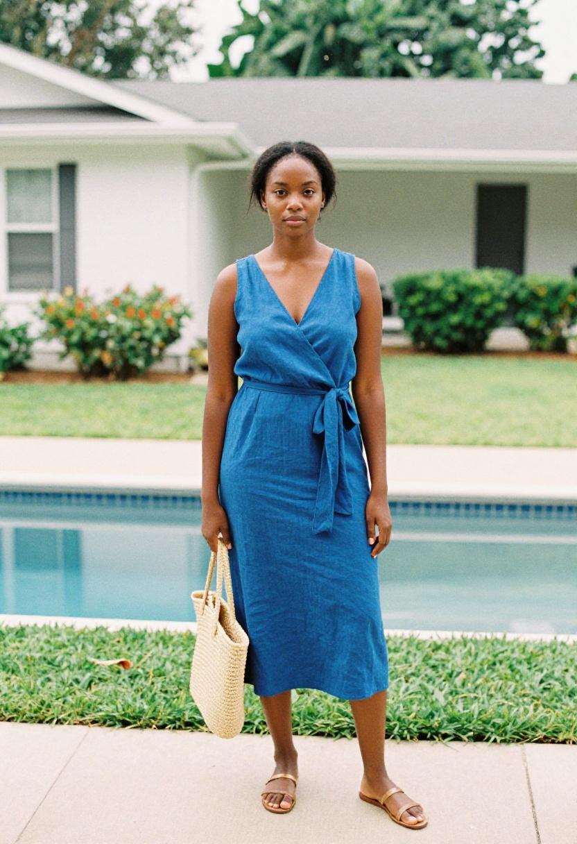 Cobalt blue linen wrap dress as beach cover-up and dinner look