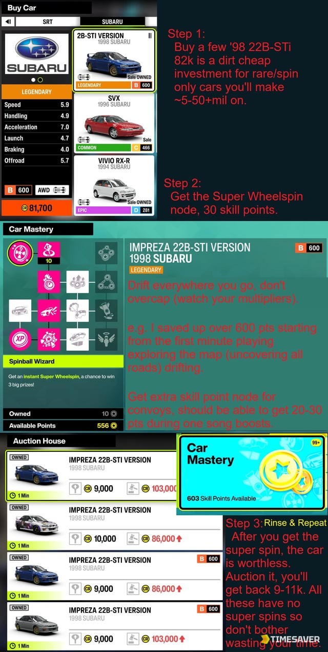 FH6 Subaru 22B skill-point to Super Wheelspin Car Mastery farm