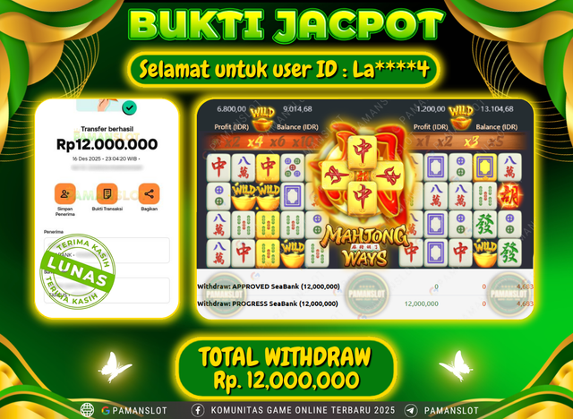 PAMANSLOT JACKPOT Game PG - Mahjong Ways Rp.12,000,000- LUNAS