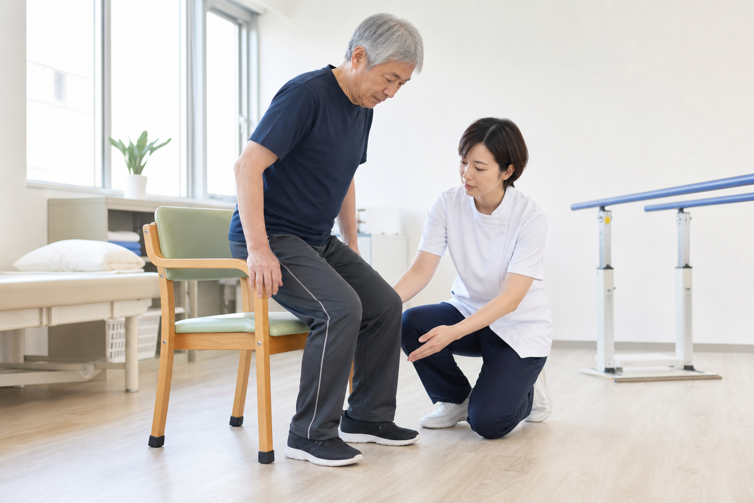 椅子からの立ち上がりを通して専門職が膝の動きとバランスを評価する様子