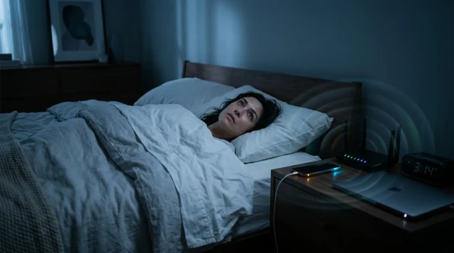 Person lying awake in dark bedroom surrounded by glowing electronic devices on nightstand, restless mood