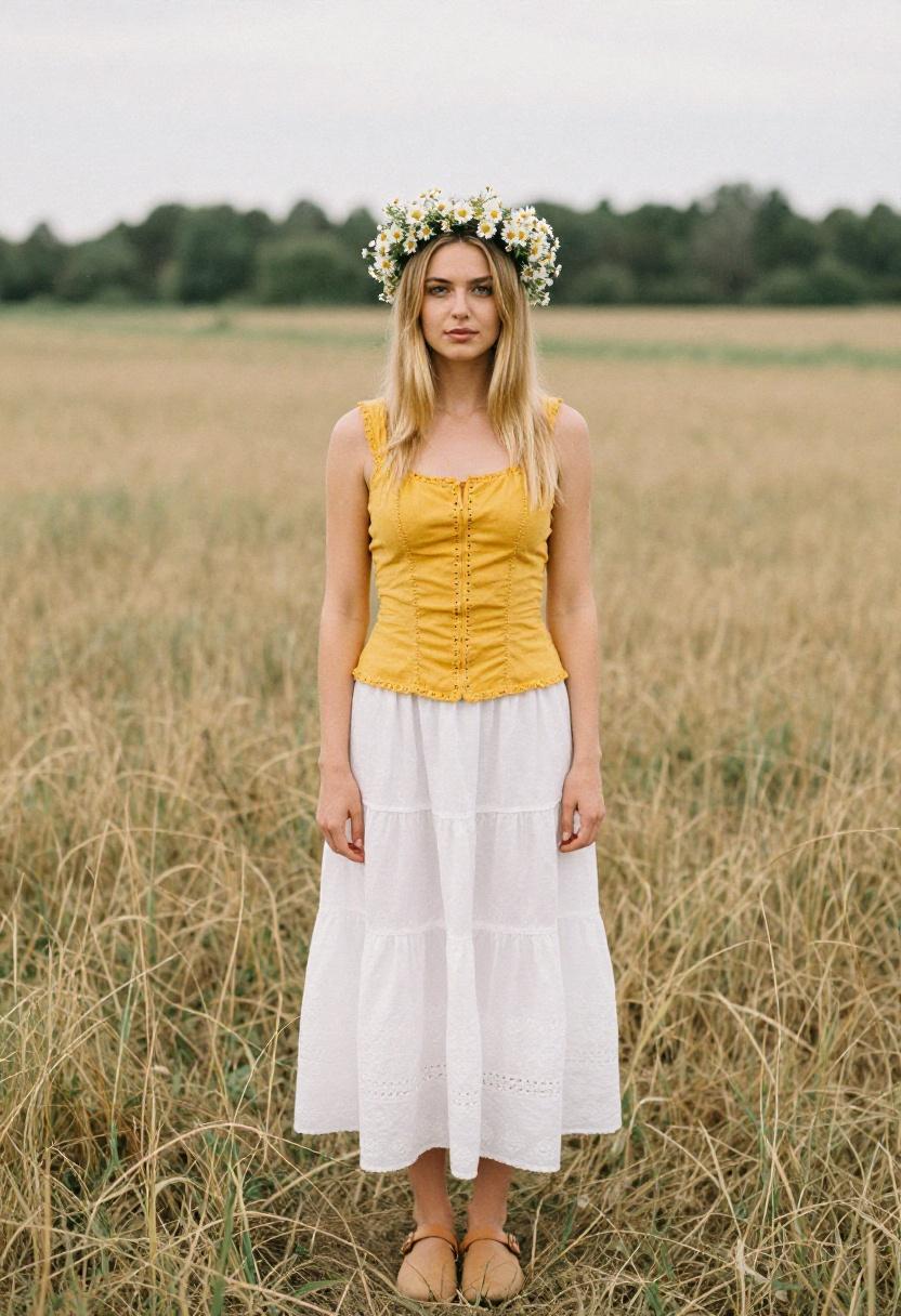 Mustard yellow linen corset top over white broderie anglaise maxi skirt with daisy crown