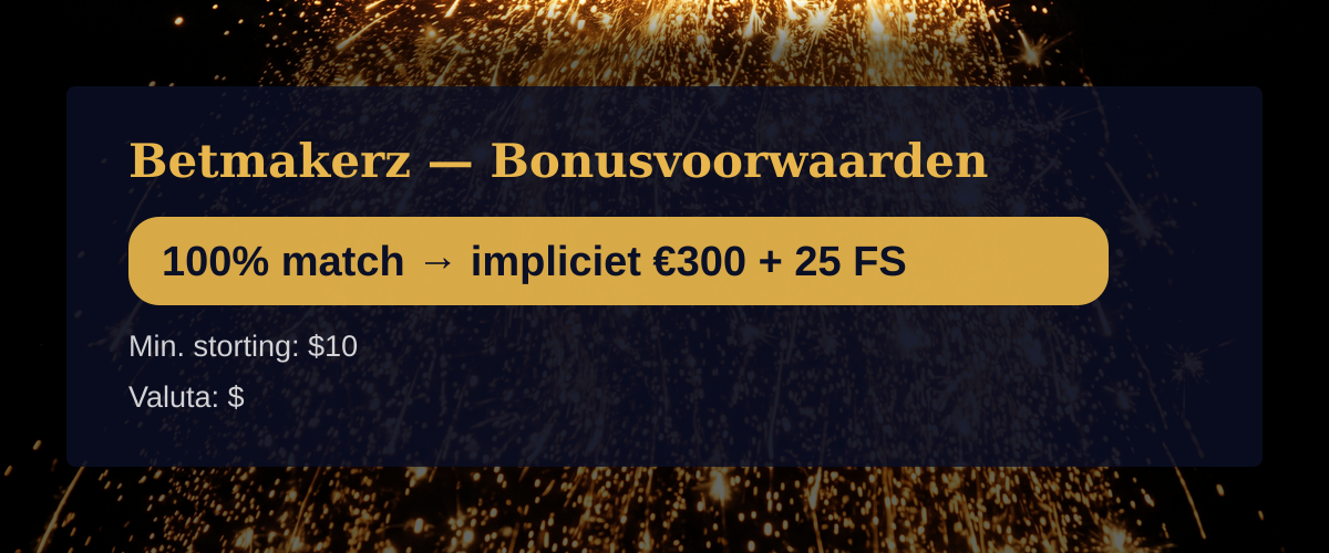 Betmakerz — Bonusvoorwaarden: 100% match → impliciet €300 + 25 FS