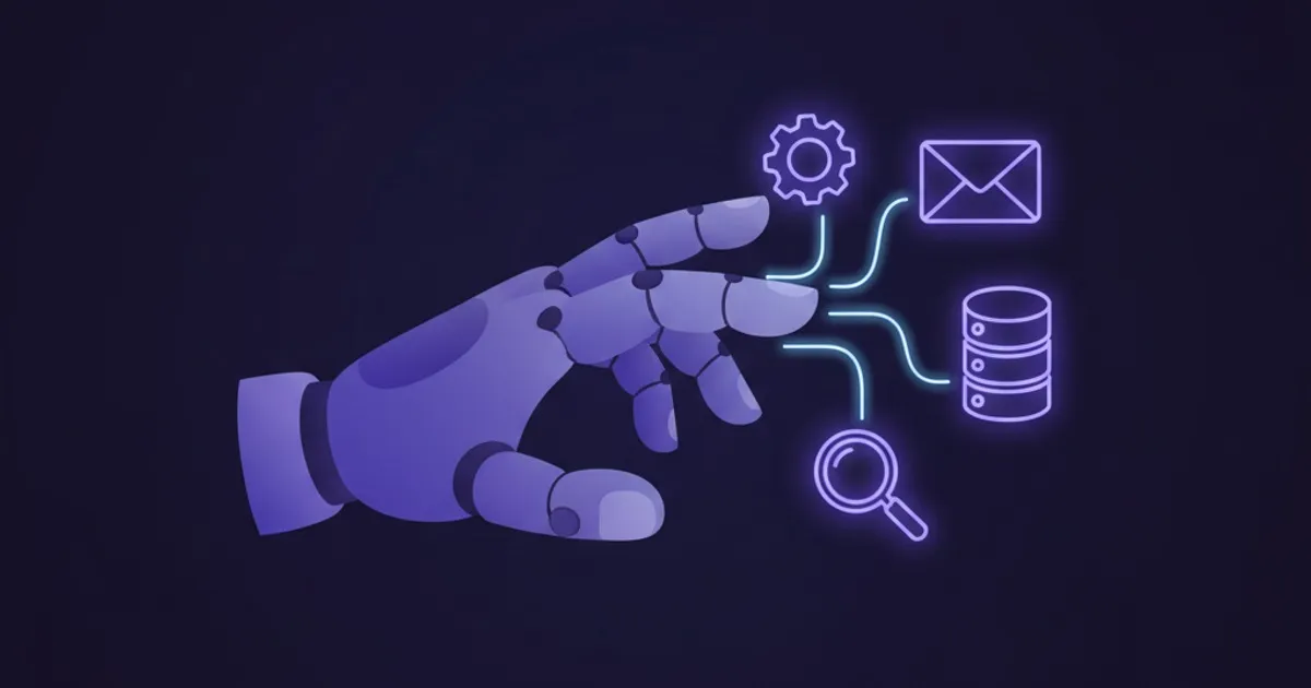 Tool Calling 運作原理示意圖：AI 透過工具呼叫查資料、寄信、操作資料庫