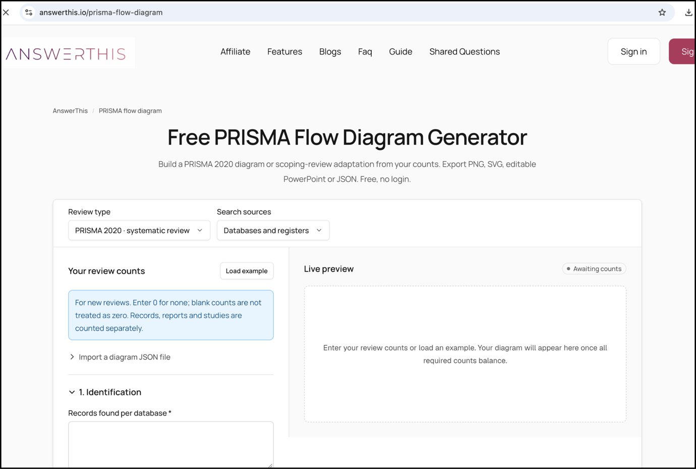 Screenshot of AnswerThis Free PRISMA Flow Diagram Generator for creating systematic-review flow diagrams. Interface shows review-type and search-source selectors, review-count input fields, JSON import option, and blank live-preview panel awaiting data.