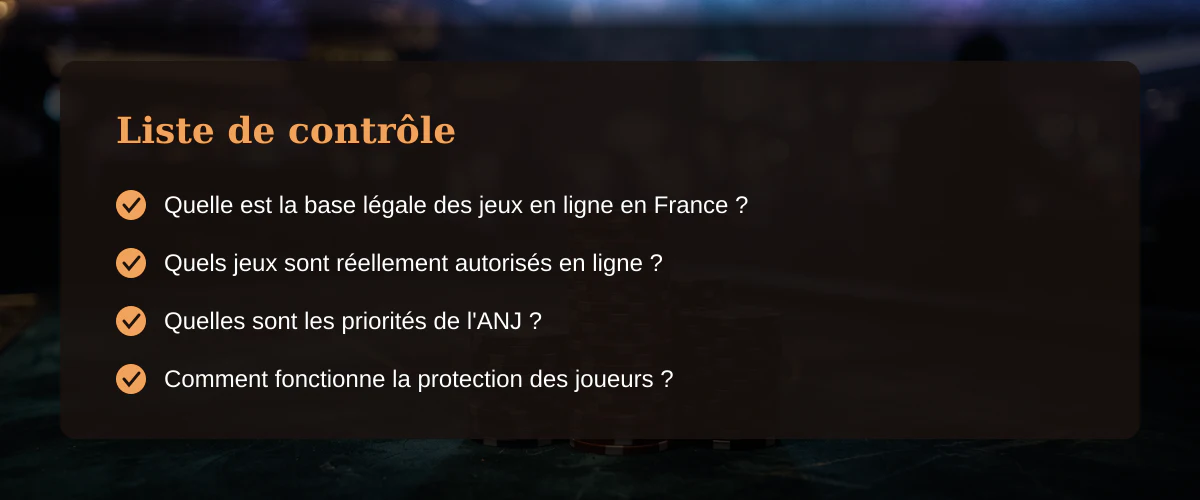 Quel est le statut du jeu casino en ligne pour les joueurs en France ? — Liste de contrôle