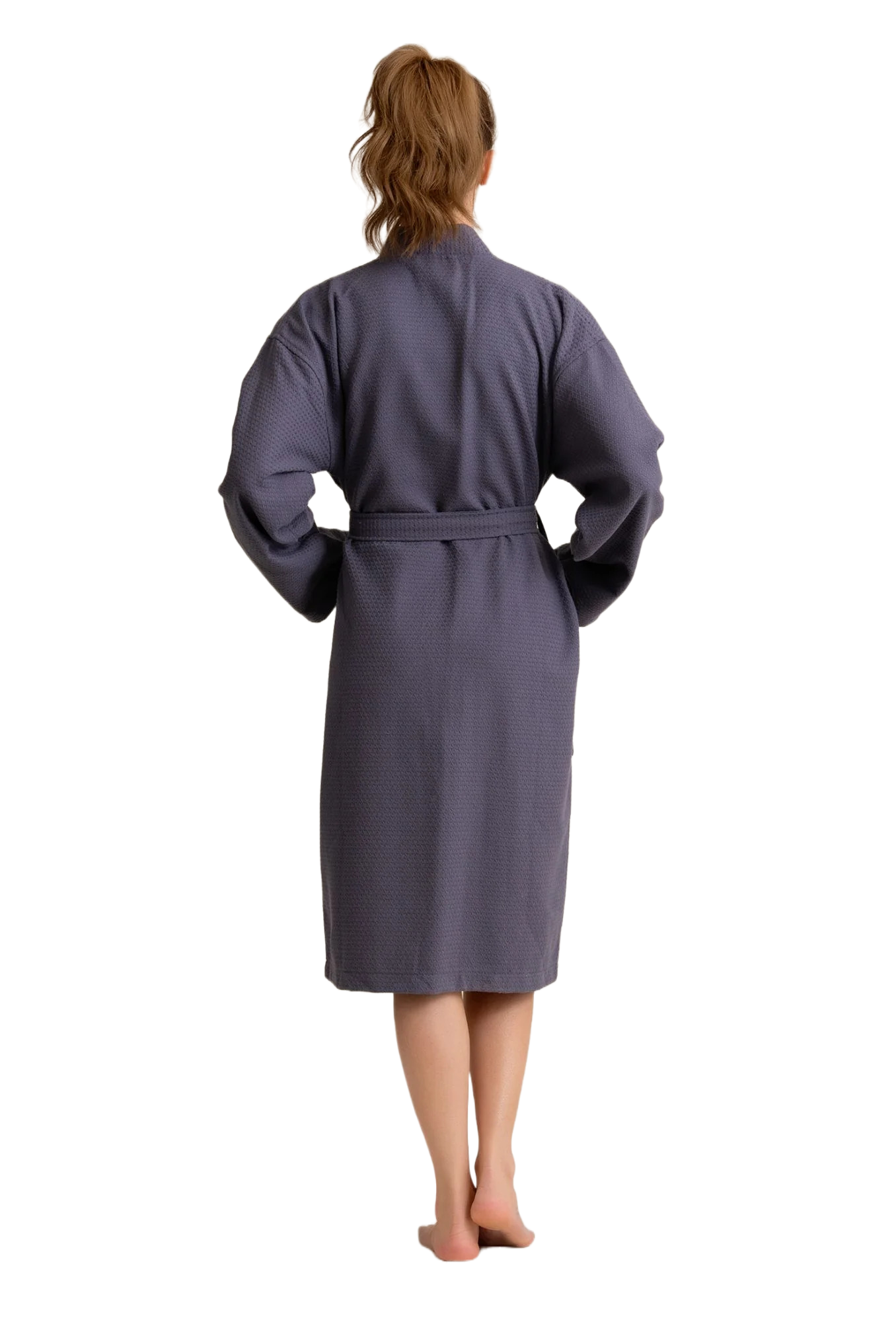 100% Turkish Cotton Women's Waffle Kimono Bathrobe-Gray (One Size) view 4