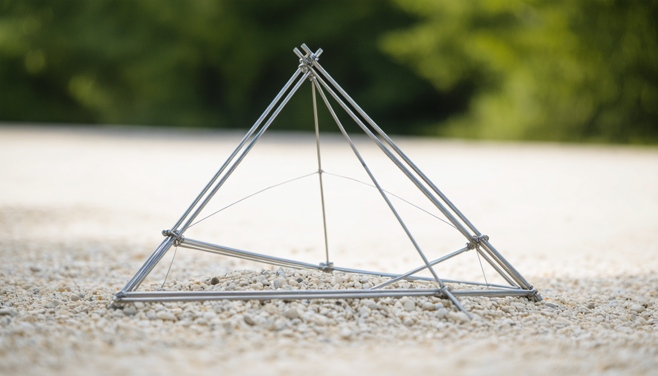 A tensegrity sculpture balanced on a gravel surface in soft morning light