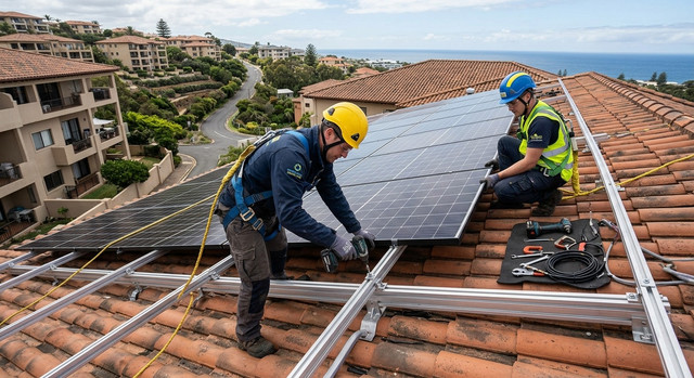 Installers mounting solar panels on a roof.