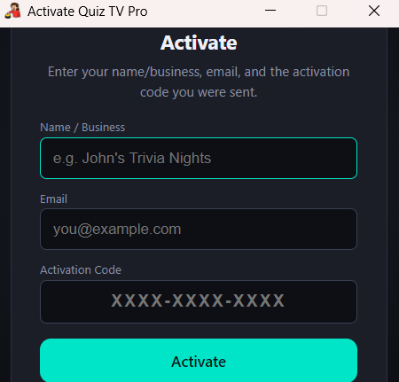 Quiz TV Pro Licence Activation Screen